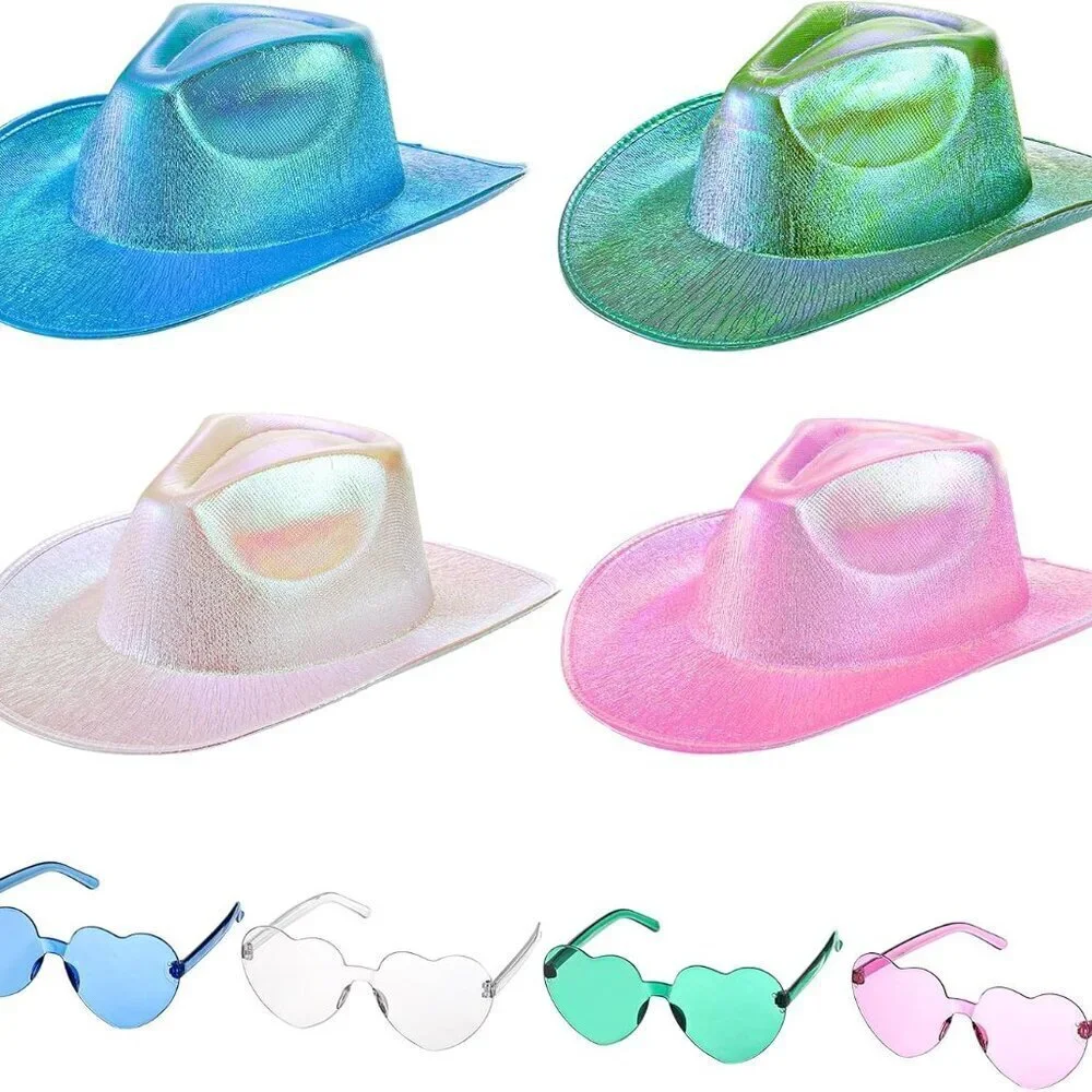 Set of 4 Holographic Space Cowgirl Hats Glitter Neon Party Costumes for Women